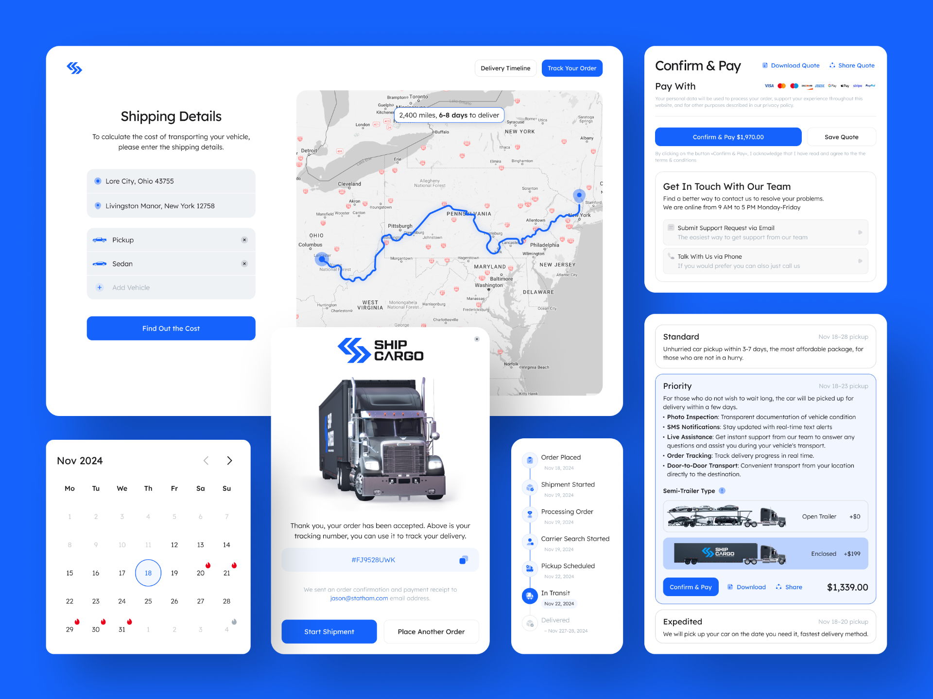 ShipCargo AI calendar, package selection, and Confirm & Pay screens
